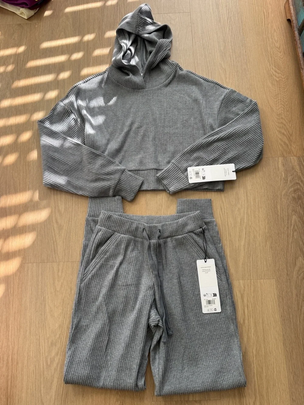 ALO Yoga Gray Blue Ribbed Muse Hoodie and Sweatpants